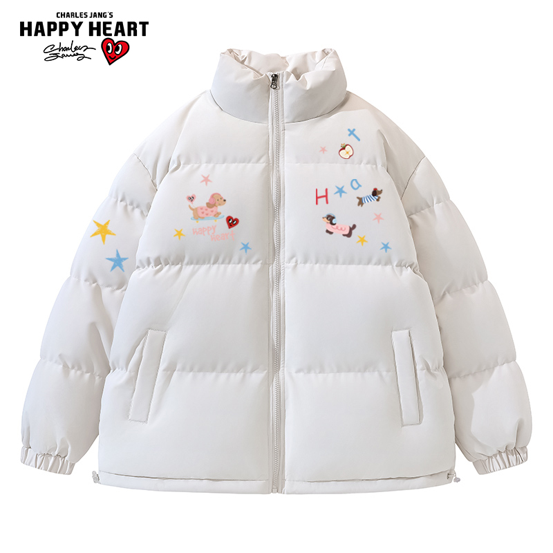 查尔斯桃心 腊肠狗涂鸦立领棉服男女秋冬季保暖防寒防风情侣衣服