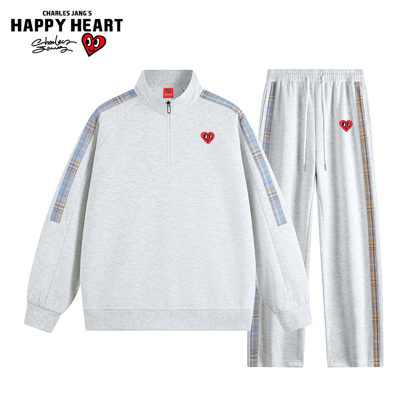 查尔斯桃心 美式条纹卫衣休闲套装男女春秋季宽松运动两件套衣服