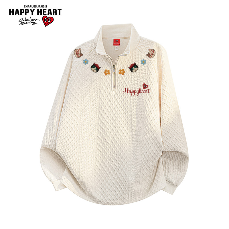 查尔斯桃心小猫印花半拉链立领卫衣男女春秋季新款休闲潮牌上衣服