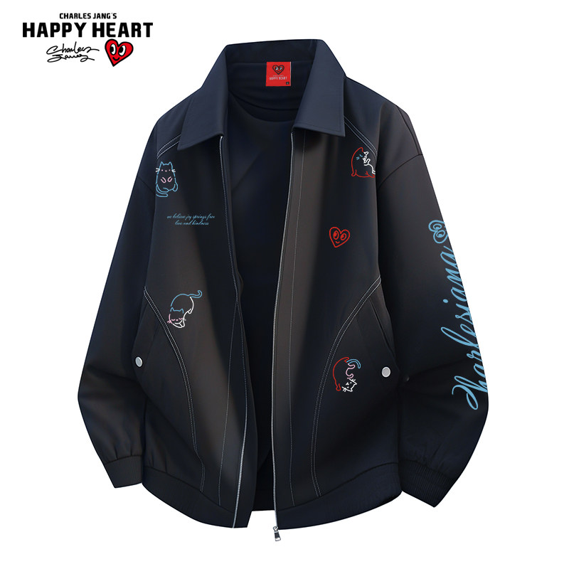 查尔斯桃心 美式翻领明线设计夹克男春秋季宽松休闲百搭情侣外套