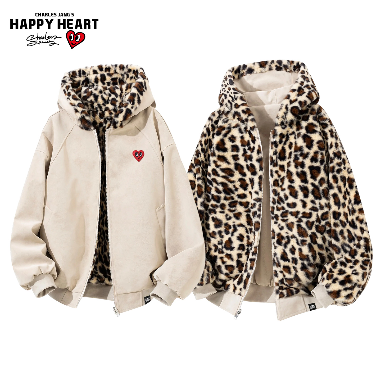 查尔斯桃心豹纹双面棉衣男女外套