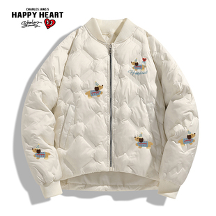 查尔斯桃心腊肠狗冬季美式复古肌理感棒球领情侣高级百搭棉服外套