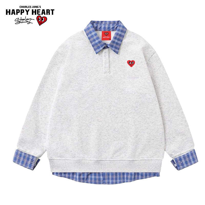 查尔斯桃心 假两件卫衣男女春秋季衬衫领宽松拼接撞色休闲上衣服