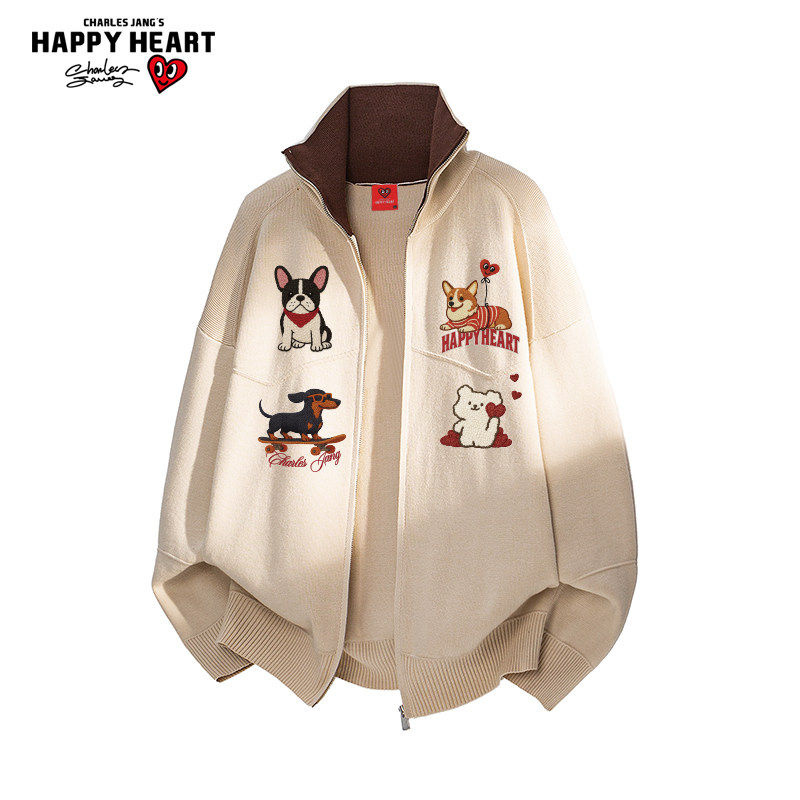 查尔斯桃心小狗印花开衫毛衣男女冬季新款2025休闲针织衫保暖外套
