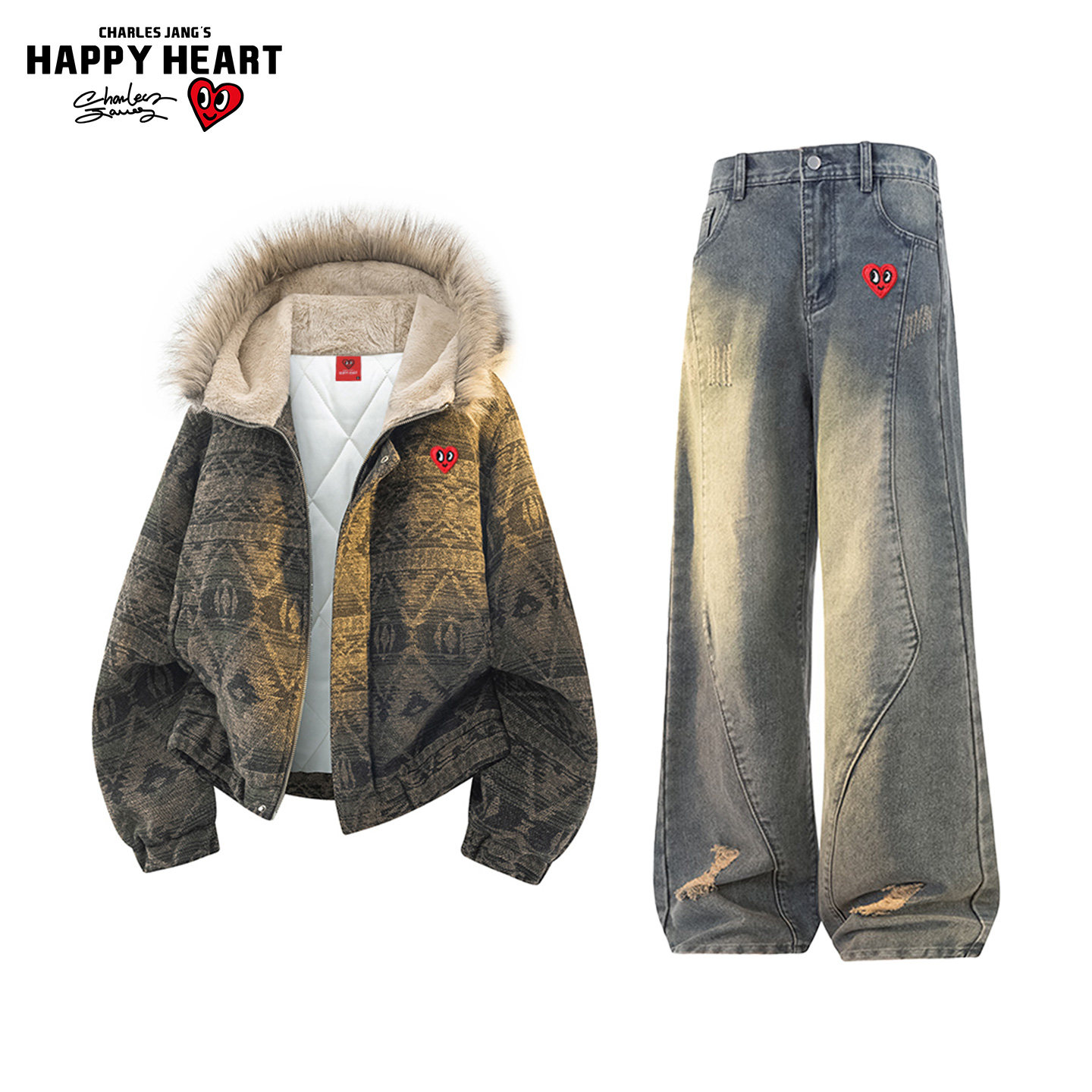 查尔斯桃心休闲套装男女冬季民族风连帽棉衣阔腿牛仔长裤子两件装,男装,休闲运动套装,淘宝优惠券,粉丝福利购,淘宝优惠卷