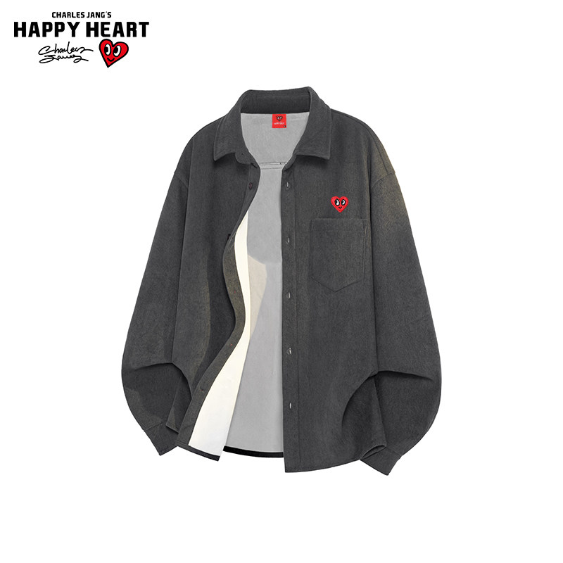 查尔斯桃心 纯色灯芯绒长袖衬衫男春秋冬季宽松加绒加厚新款上衣