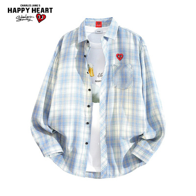 查尔斯桃心复古撞色格子长袖衬衫