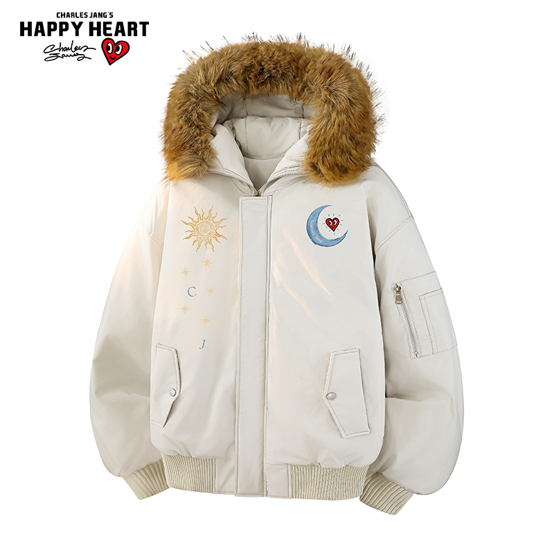 查尔斯桃心涂鸦印花毛领棉服男女