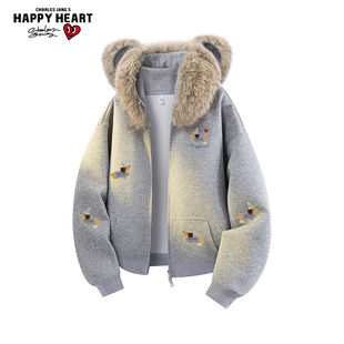 查尔斯桃心腊肠狗印花小熊耳朵开衫 休闲百搭连帽外套 卫衣男秋冬季