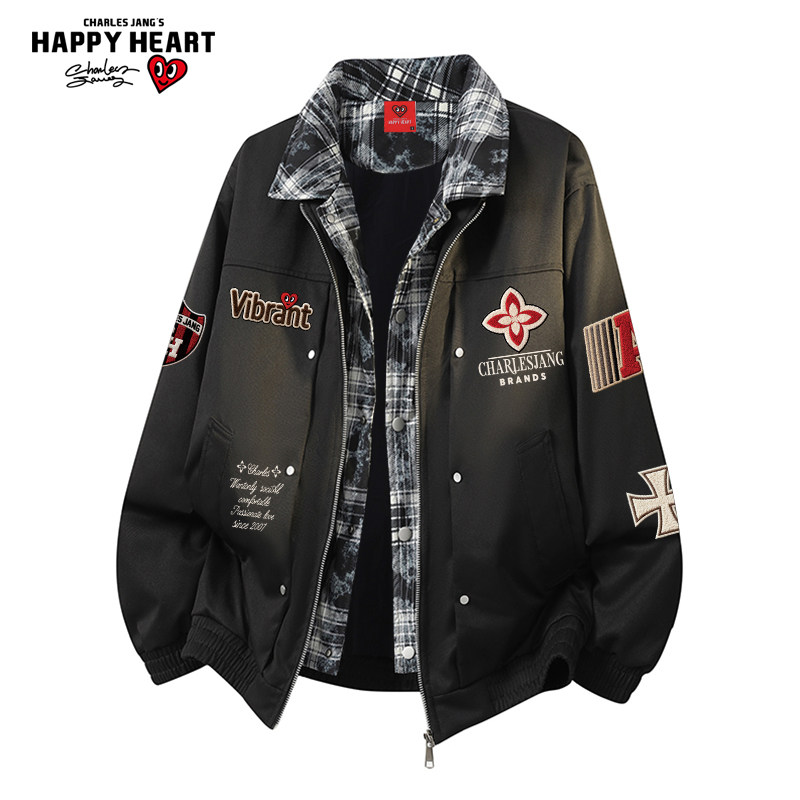 查尔斯桃心 美式假两件翻领夹克男女春上新徽章印花休闲情侣外套