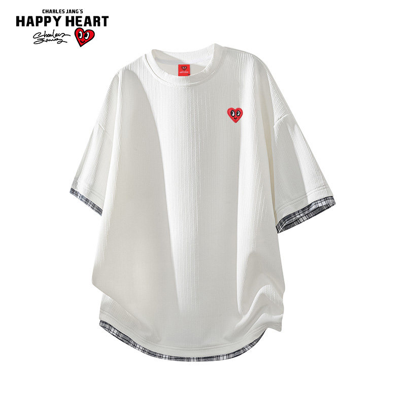 查尔斯桃心 美式假两件圆领短袖t恤男女夏季透气拼接休闲半袖上衣,男装,T恤,淘宝优惠券,粉丝福利购,淘宝优惠卷