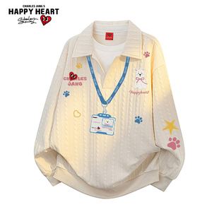 查尔斯桃心假两件衬衫领卫衣男女秋冬季加绒情侣宽松休闲长袖上衣