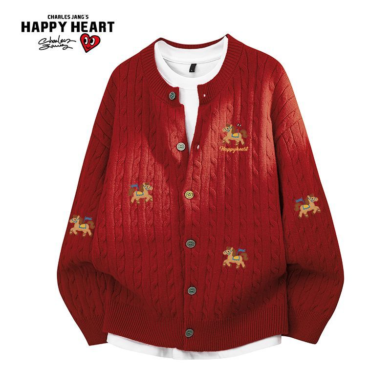 查尔斯桃心春节新年麻花开衫毛衣