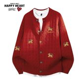 查尔斯桃心马年本命红色情侣冬季 卡通印花麻花纹理针织开衫 毛衣男