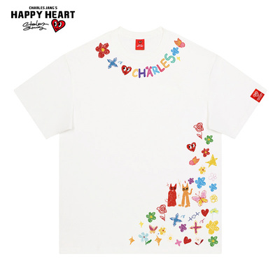 查尔斯桃心 项链趣味印花2025年圆领纯棉夏季休闲短袖t恤男女同款