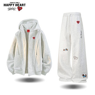查尔斯桃心 美式解构套装男女开衫卫衣外套腊肠狗直筒长裤两件套