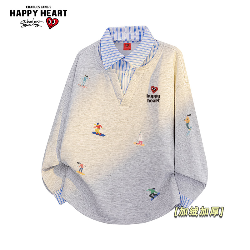 查尔斯桃心滑板小人印花衬衫领卫衣男女冬季加绒加厚休闲情侣上衣