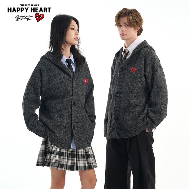 查尔斯桃心深灰色开衫毛衣男外套