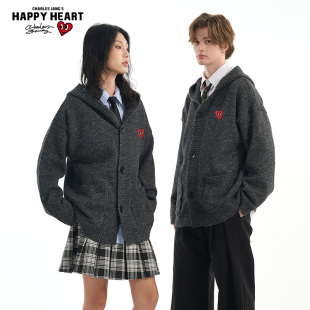 查尔斯桃心 深灰色开衫毛衣男秋季高街懒惰风宽松情侣针织衫外套