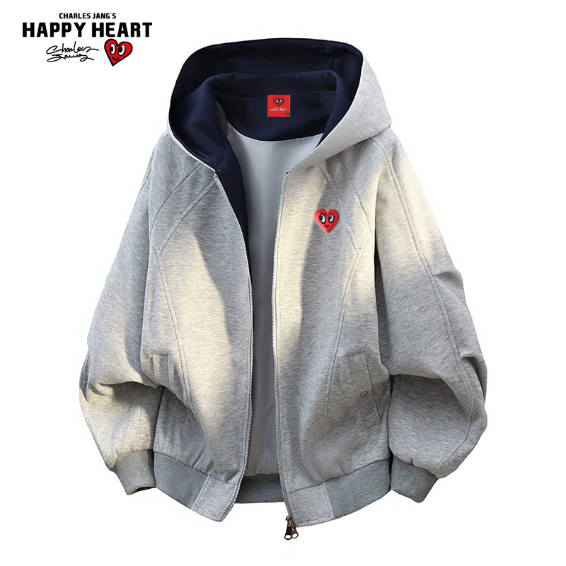 查尔斯桃心美式解构撞色连帽开衫卫衣男女春秋季宽松休闲情侣外套