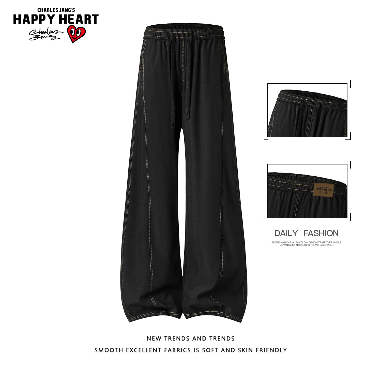 查尔斯桃心黑色斜切明线冰丝弯刀裤子男春夏潮牌阔腿直筒休闲长裤,男装,休闲裤,淘宝优惠券,粉丝福利购,淘宝优惠卷