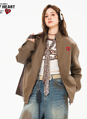 查尔斯桃心 美式结构barbour机车皮衣外套男秋季百搭新款立领夹克