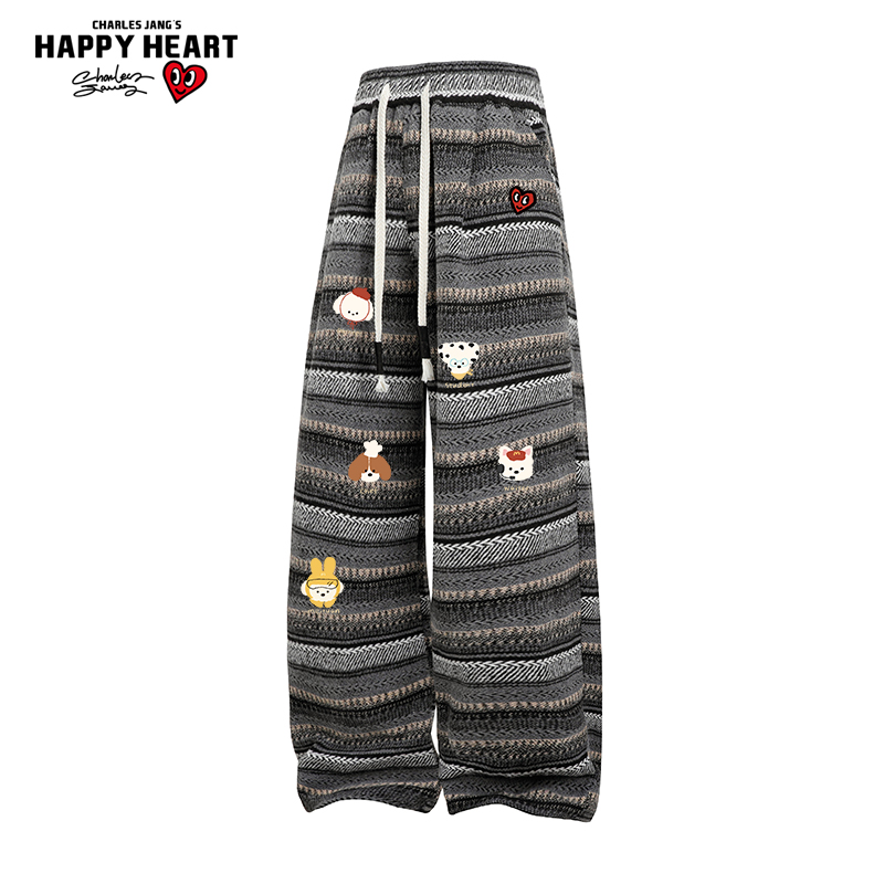 查尔斯桃心 宠物印花条纹撞色裤子男女春秋冬季宽松直筒休闲长裤