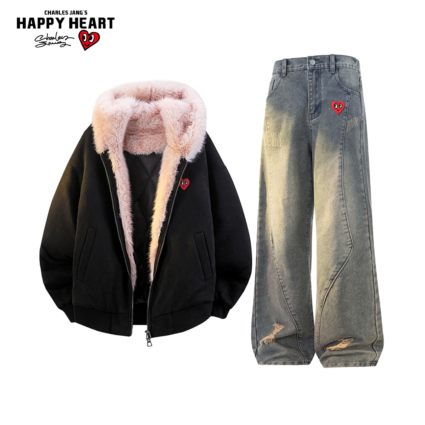 查尔斯桃心连帽座山雕棉衣套装男