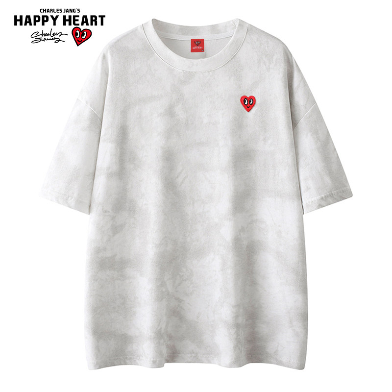 查尔斯桃心 美式宽松扎染纯棉爱心刺绣短袖T恤男女夏季潮牌半袖