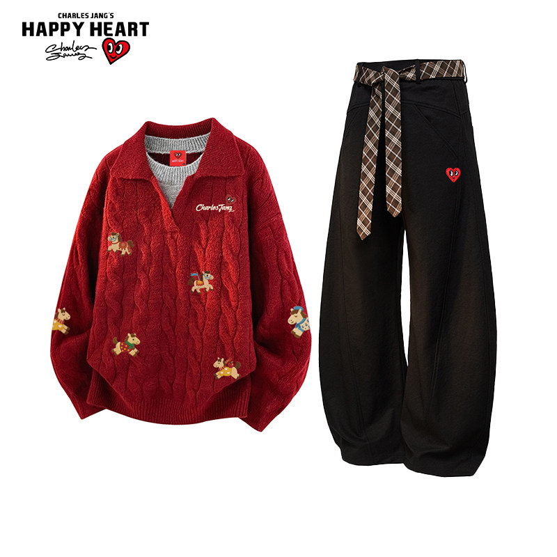 查尔斯桃心休闲套装男冬季新款保暖假两件毛衣宽松加绒加厚弯刀裤