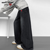 查尔斯桃心美式 子 阔腿直筒复古长裤 黑色弯刀牛仔裤 男春秋宽松大码