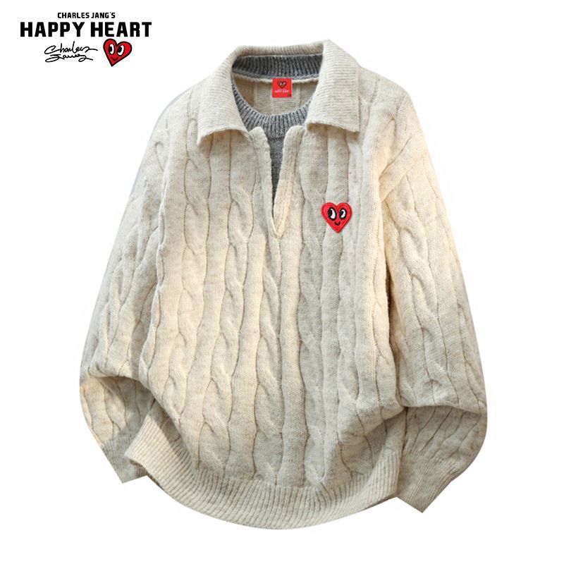 查尔斯桃心翻领保暖针织毛衣男女