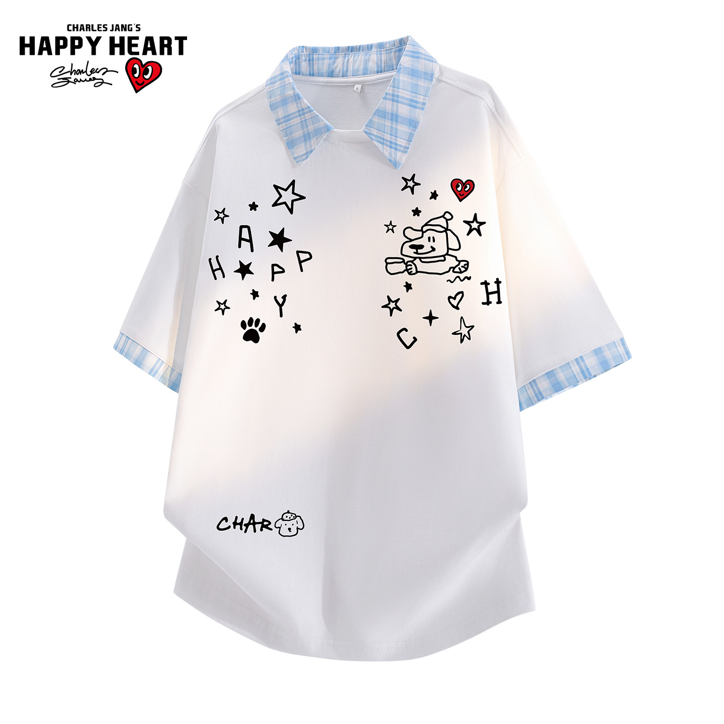 查尔斯桃心纯棉假两件短袖T恤夏季拼接条纹趣味卡通涂鸦潮牌上衣,男装,T恤,淘宝优惠券,粉丝福利购,淘宝优惠卷