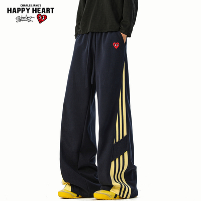 查尔斯桃心美式拼接条纹运动卫裤男秋季潮牌阔腿三条杠休闲长裤子