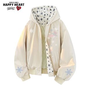 查尔斯桃心 美式雪花涂鸦连帽情侣棉衣冬季加厚保暖棉服外套