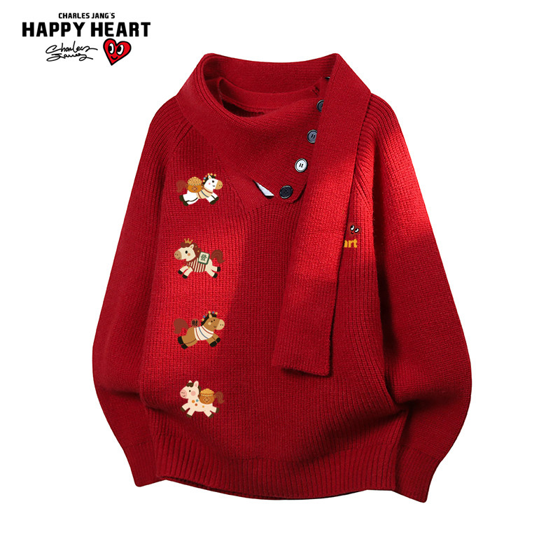 查尔斯桃心围脖红色毛衣男女冬季2026新款休闲宽松情侣针织衫上衣