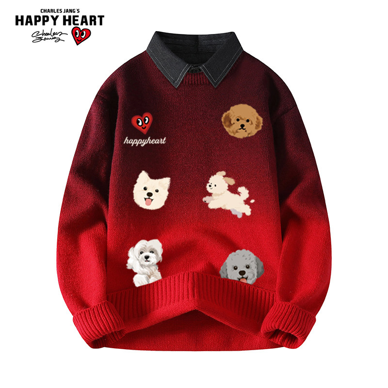 查尔斯桃心小狗印花红色毛衣男女冬季新款宽松休闲保暖针织衫上衣