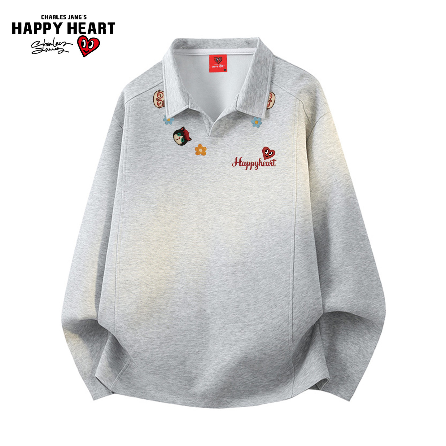 查尔斯桃心美式项链印花V领长袖t恤男春秋季新款落肩百搭情侣上衣