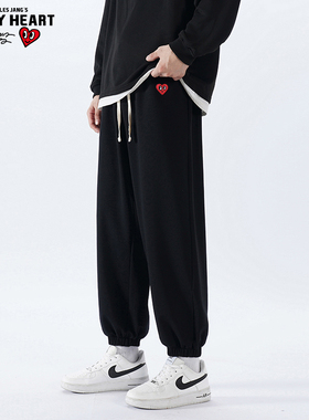 查尔斯桃心 爱心刺绣裤子男款春秋束脚潮牌运动卫裤休闲黑色长裤