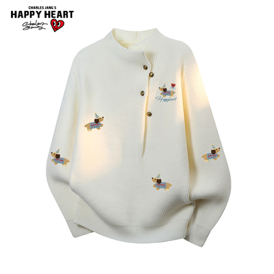 查尔斯桃心腊肠狗印花毛衣男女秋冬季宽松休闲长袖上衣情侣针织衫