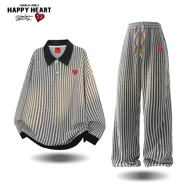 查尔斯桃心 美式撞色条纹套装男春秋季衬衫领卫衣直筒长裤两件套