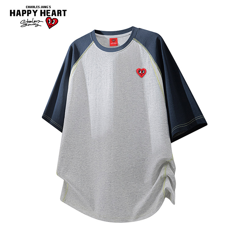 查尔斯桃心拼色短袖T恤男女夏季新款休闲圆领百搭运动上衣体恤潮