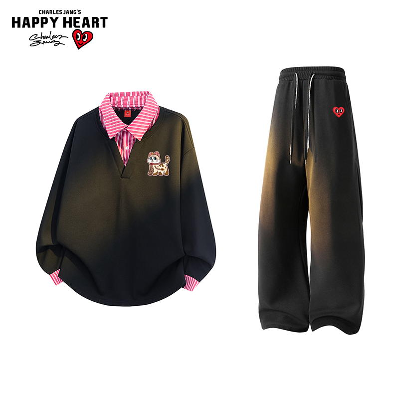 查尔斯桃心卡通魔术贴卫衣套装