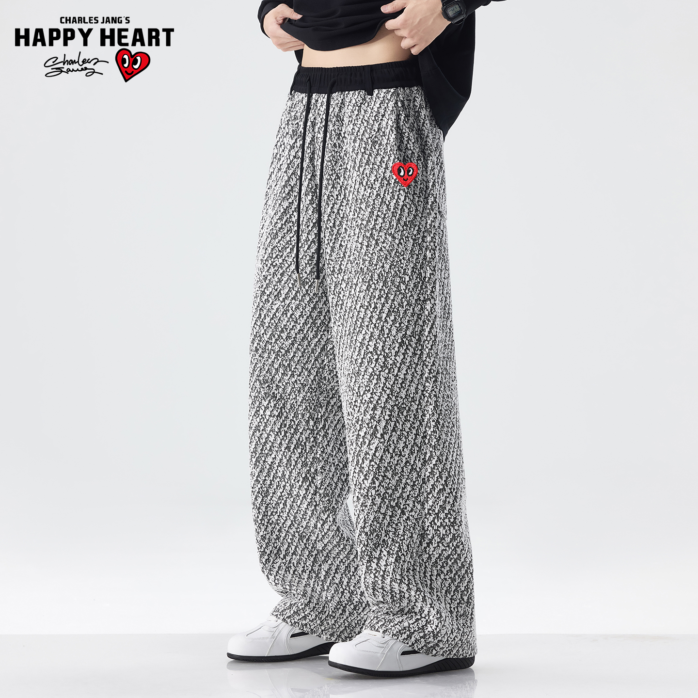 查尔斯桃心 美式扎染提花休闲裤男女春秋冬季抽绳爱心刺绣长裤子