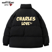 趣味字母印花立领羽绒服男2025冬季 查尔斯桃心 美式 加厚保暖外套