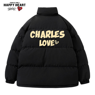 查尔斯桃心 美式趣味字母印花立领羽绒服男2025冬季加厚保暖外套