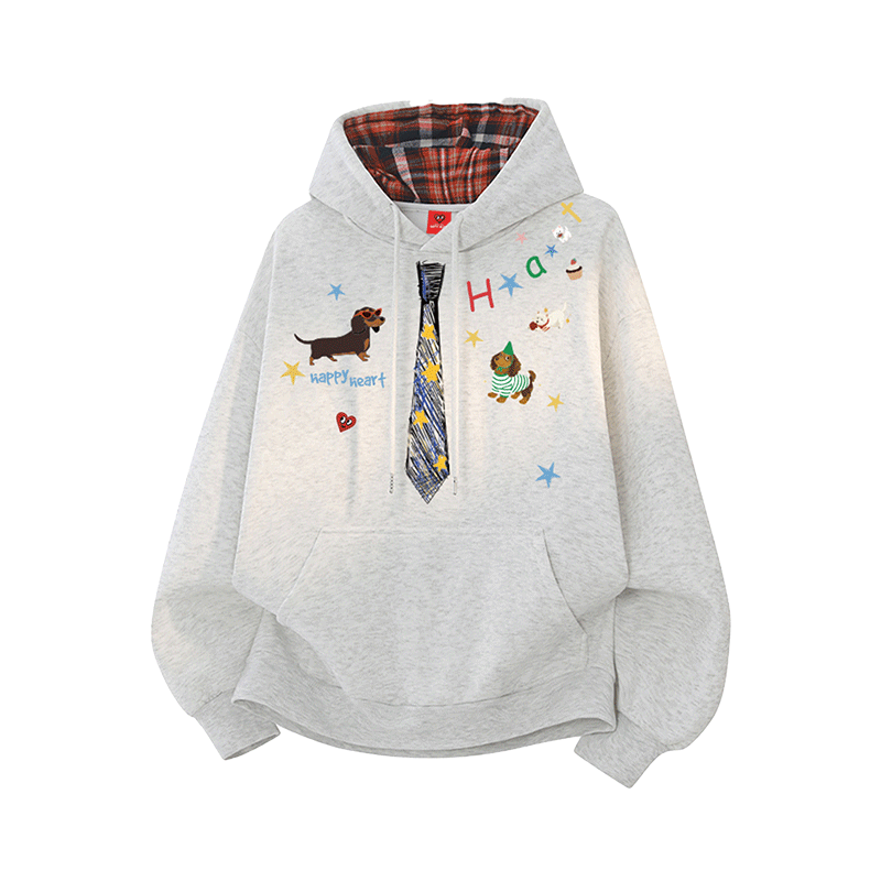 查尔斯桃心腊肠狗涂鸦领带格纹连帽卫衣男女春秋宽松休闲情侣外套