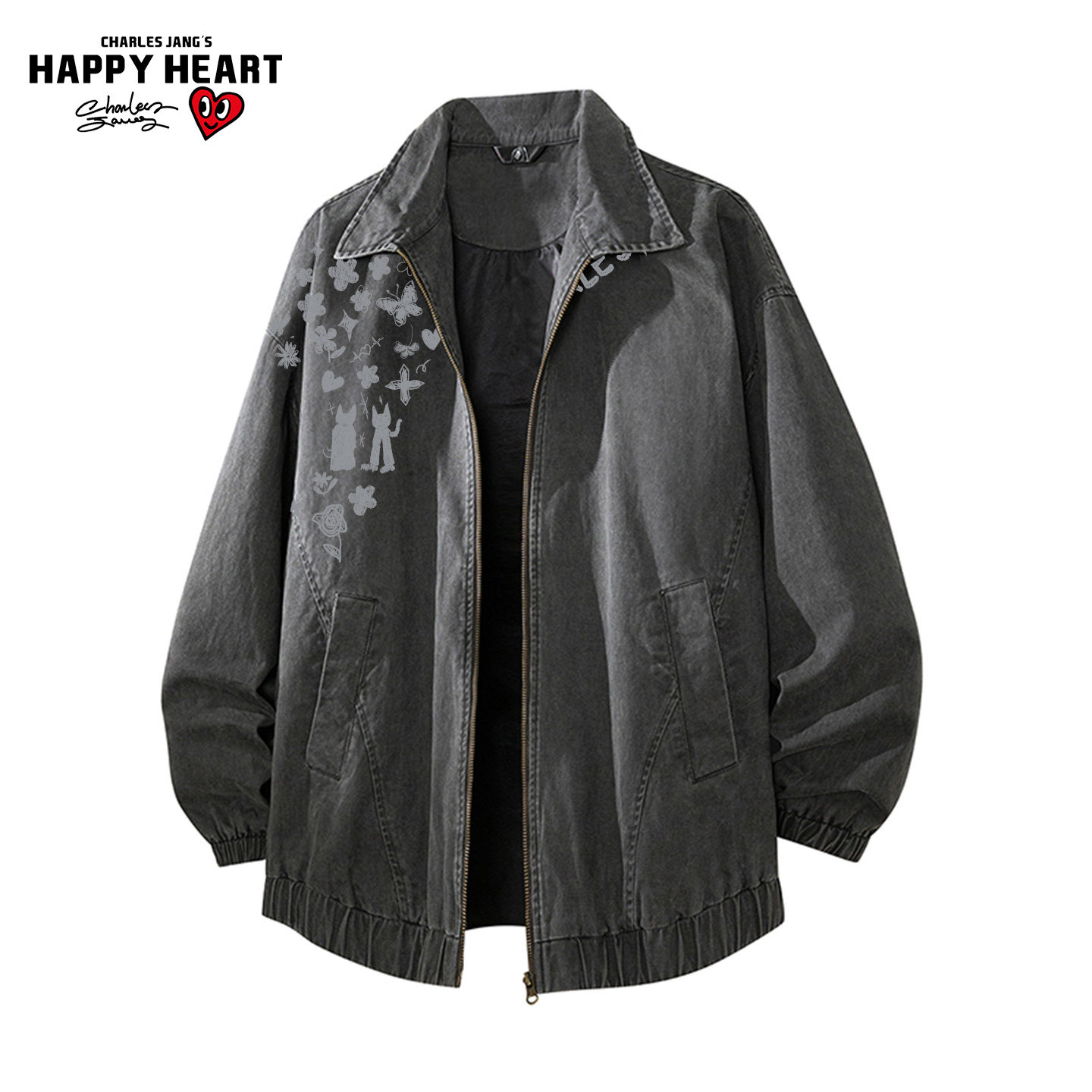 查尔斯桃心复古纯棉涂鸦印花夹克男春秋季新款翻领情侣老钱风外套