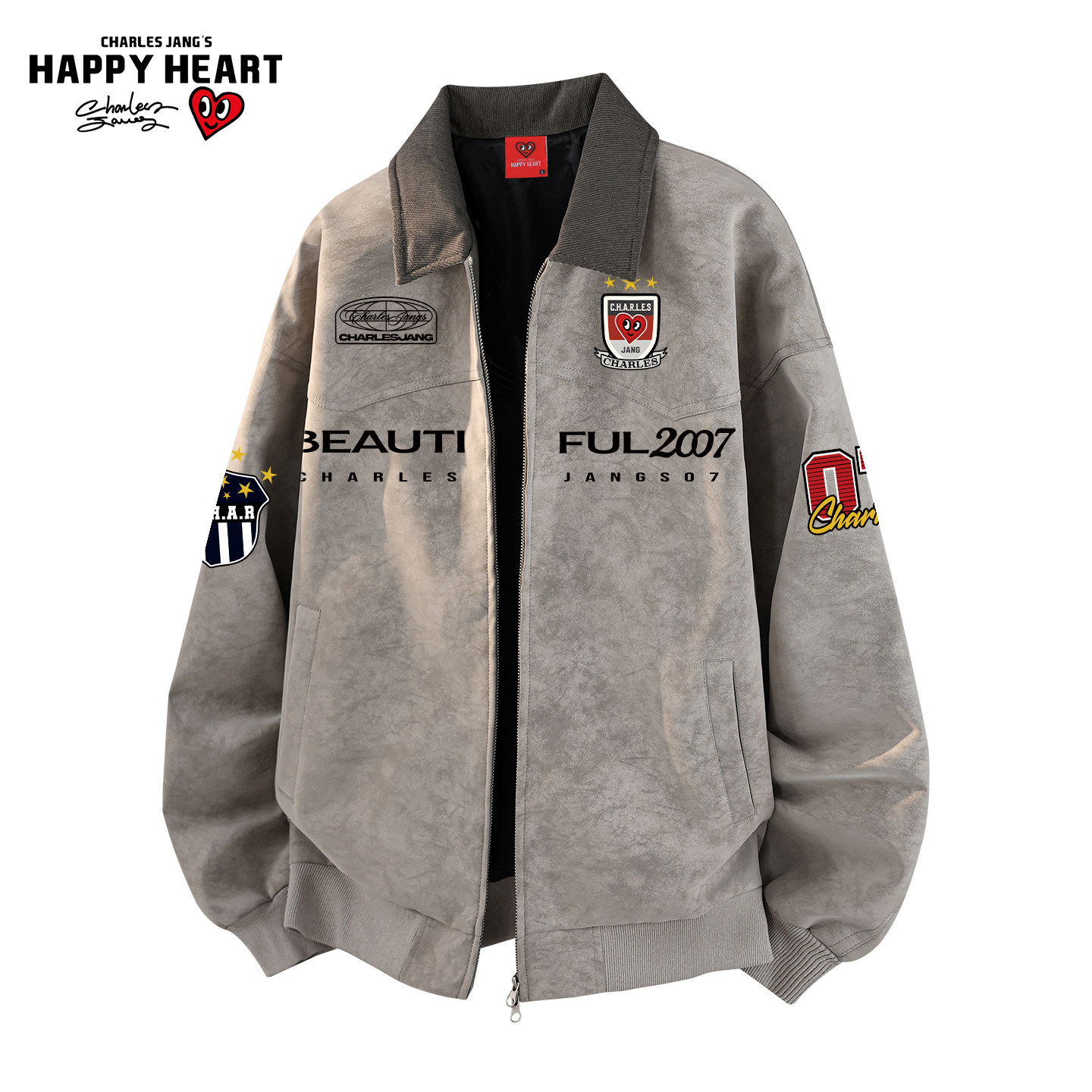 查尔斯桃心老钱风扎染翻领夹克男女春秋季新款潮牌赛车服情侣外套