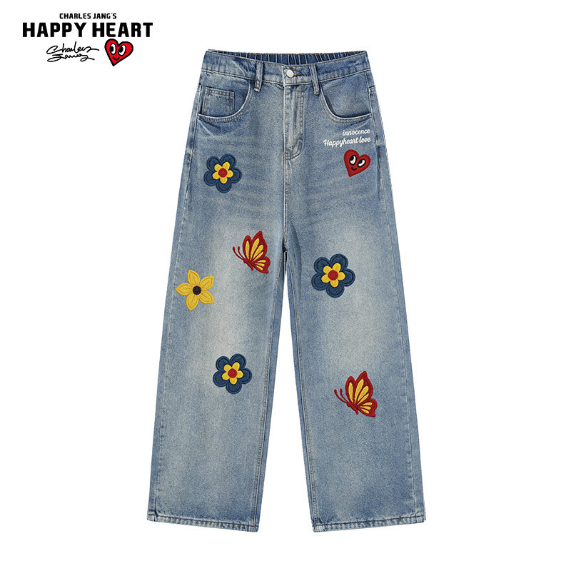 查尔斯桃心复古美式花瓣仿刺绣牛仔裤男女春秋季百搭宽松情侣直筒